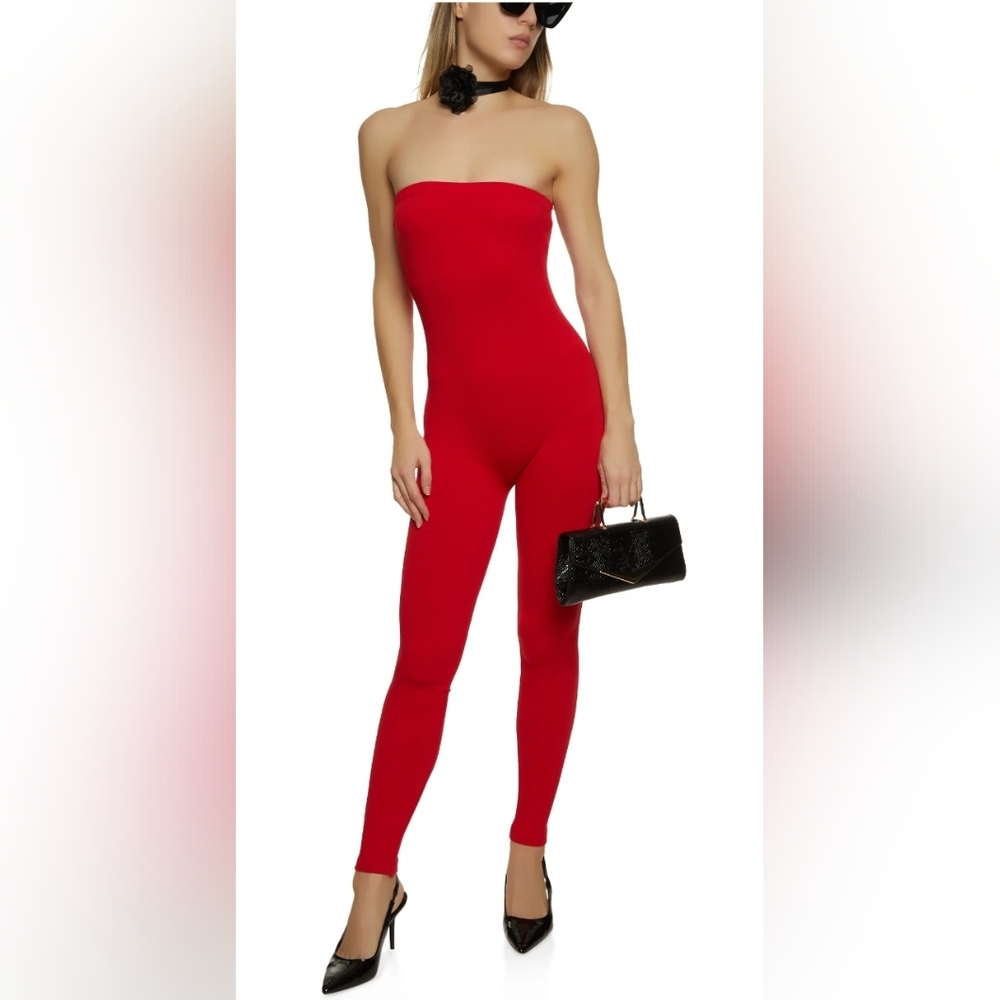 FCT W/Love Basic Red Metallic Catsuit NWT Strapless Fitted Ribbed Glitter Knit